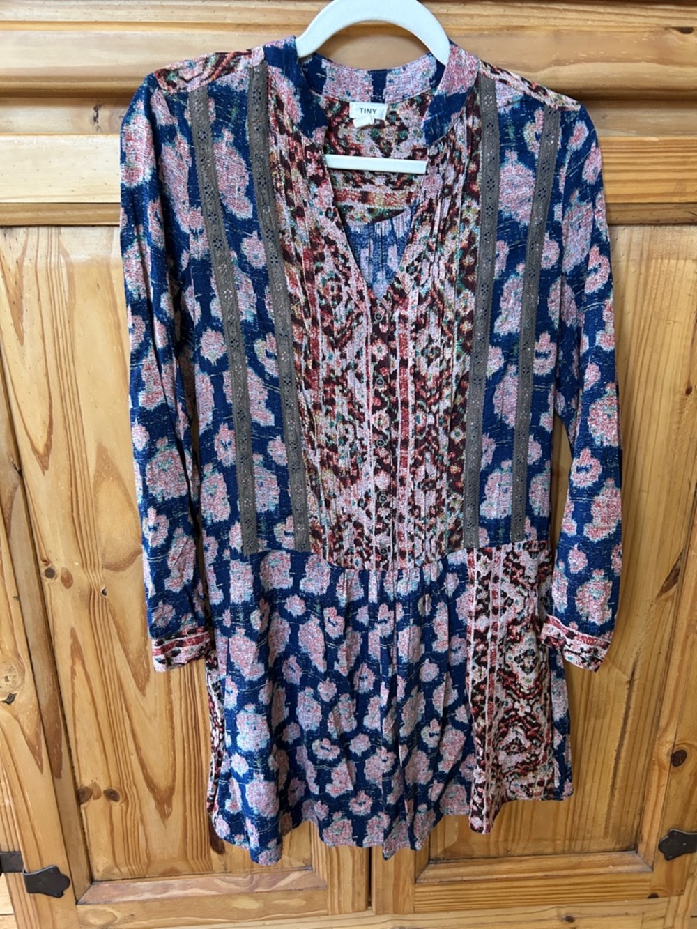 Anthropologie‎ Tiny Paquerette Shirt Dress Mixed-Print Navy & Pink Boho Tunic